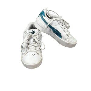 Puma Kids White Sneakers With Teal Glitter Puma Logo Design Size 11C